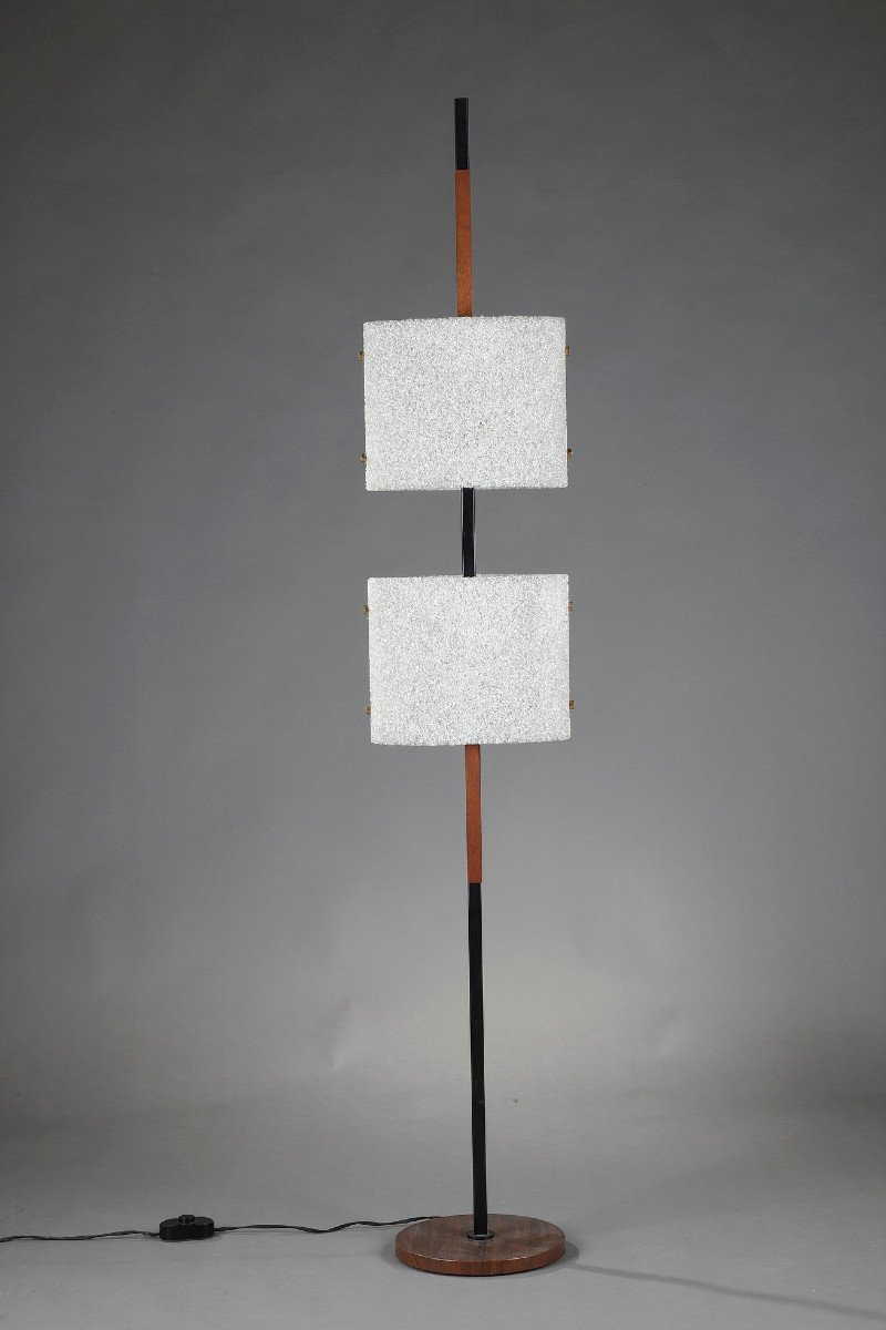 Scandinavian Floor Lamp In Black Lacquered Steel And Teak With Two Granite Perspex Diffusers-photo-2