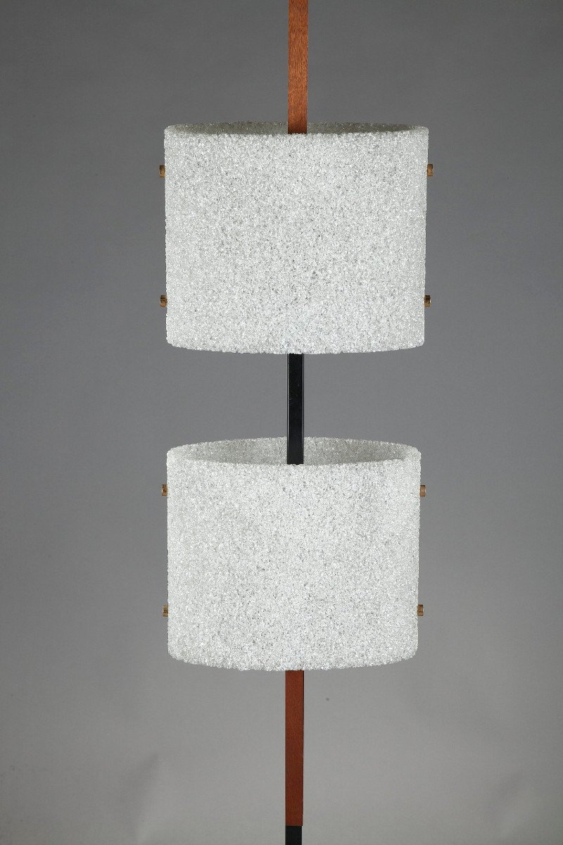 Scandinavian Floor Lamp In Black Lacquered Steel And Teak With Two Granite Perspex Diffusers-photo-2