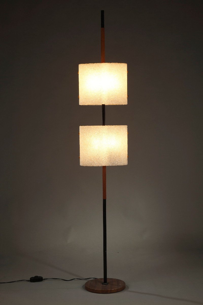 Scandinavian Floor Lamp In Black Lacquered Steel And Teak With Two Granite Perspex Diffusers-photo-8