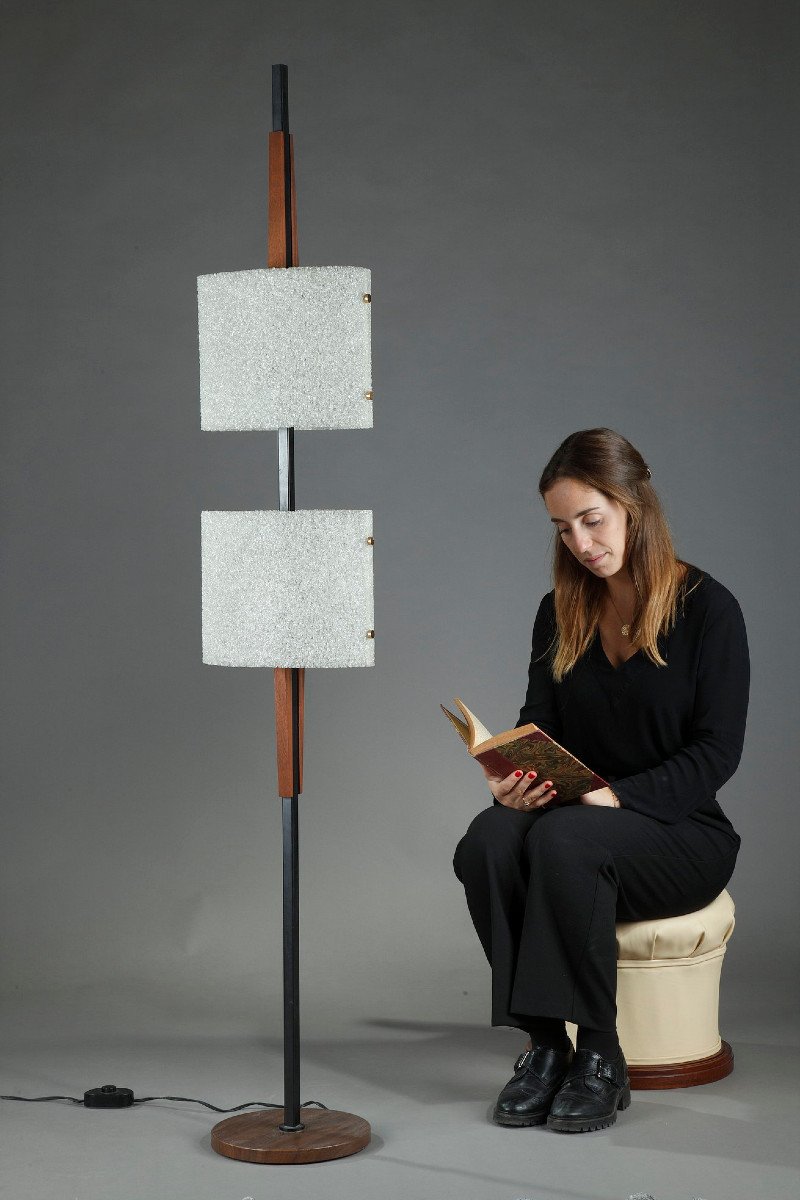Scandinavian Floor Lamp In Black Lacquered Steel And Teak With Two Granite Perspex Diffusers