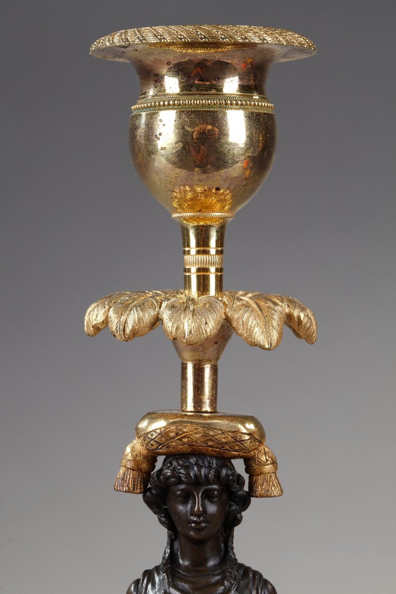 Pair Of Candlesticks In Patinated And Gilded Bronze-photo-6