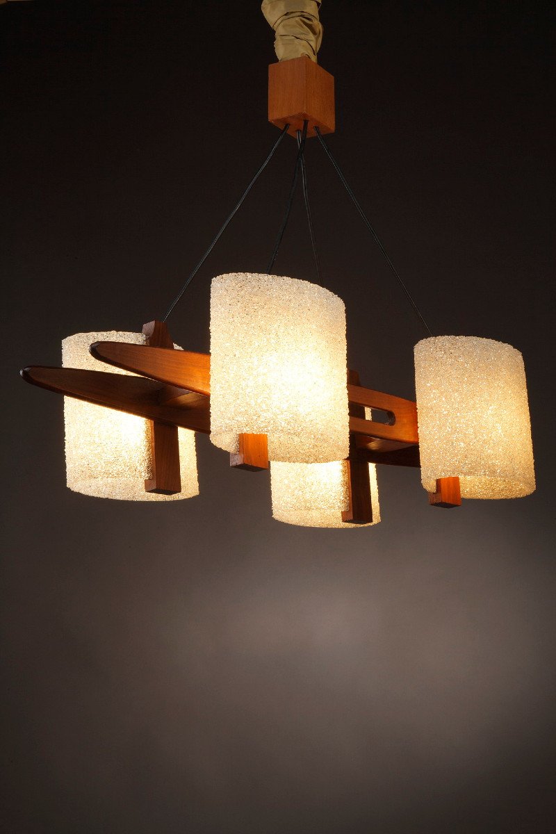 Scandinavian Hanging Lamp In Teak And Perspex Granite-photo-8