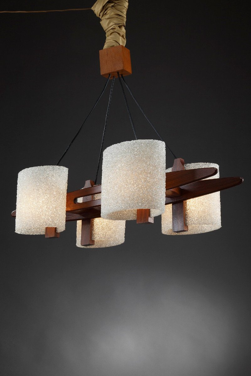 Scandinavian Hanging Lamp In Teak And Perspex Granite