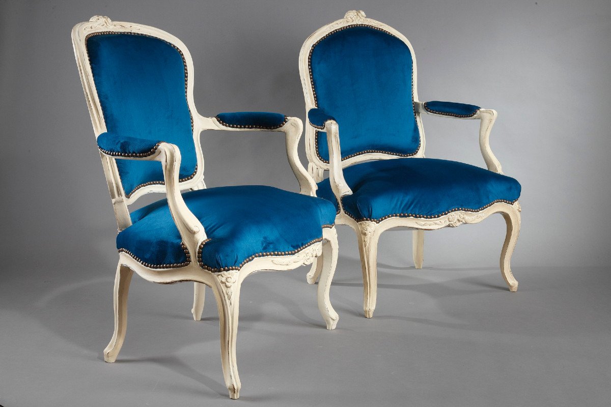 Quatre Fauteuils En Velours Bleu Canard d'époque Louis XV-photo-4