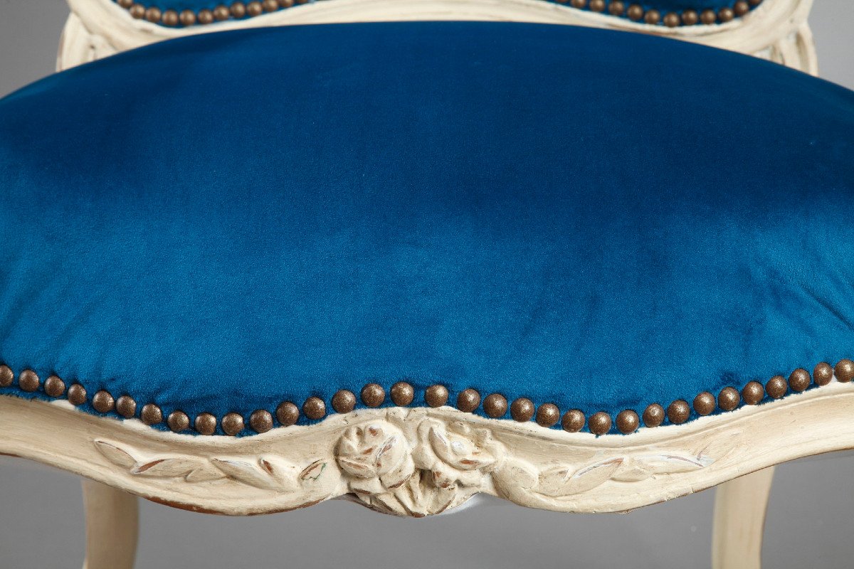 Quatre Fauteuils En Velours Bleu Canard d'époque Louis XV-photo-8