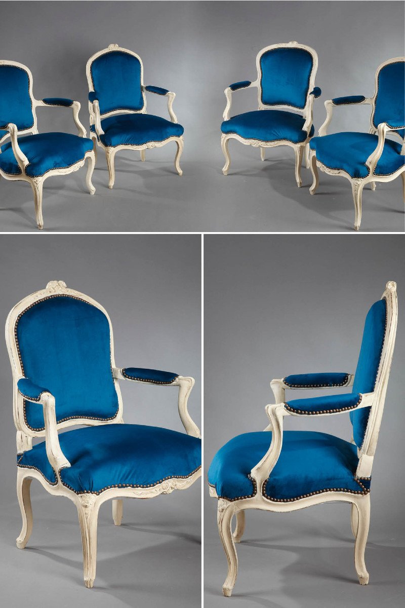Four Peacock Blue Velvet Armchairs From The Louis XV Period