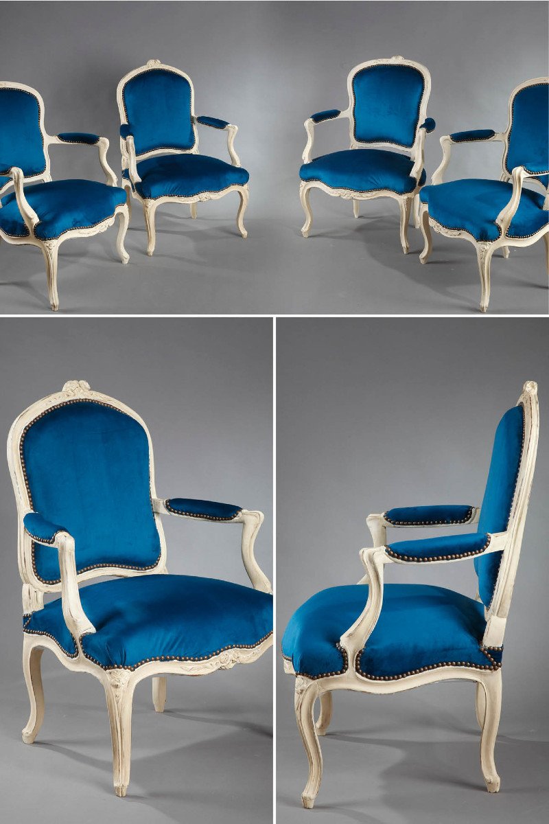 Quatre Fauteuils En Velours Bleu Canard d'époque Louis XV