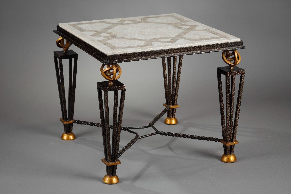 Table In Marquetry Of Stone With Metal Feet In The Taste Of Gilbert Poillerat-photo-4