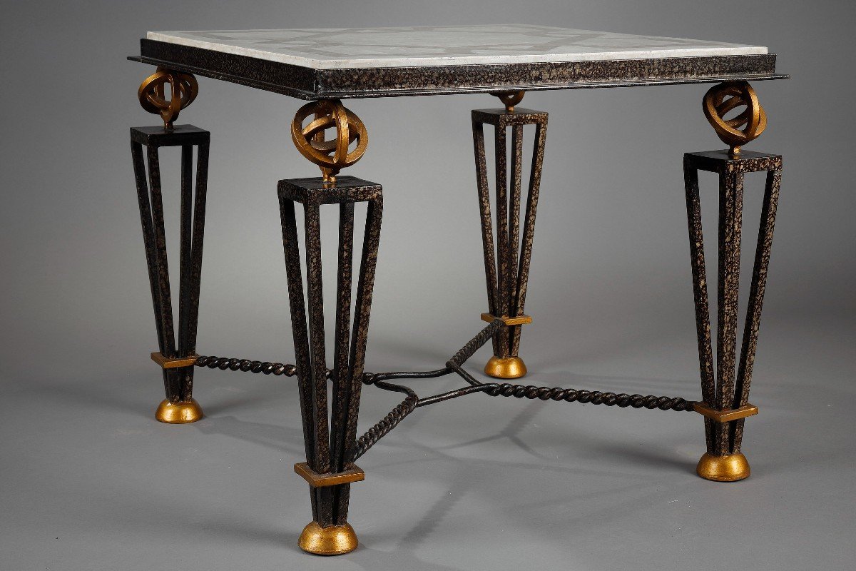 Table In Marquetry Of Stone With Metal Feet In The Taste Of Gilbert Poillerat-photo-2