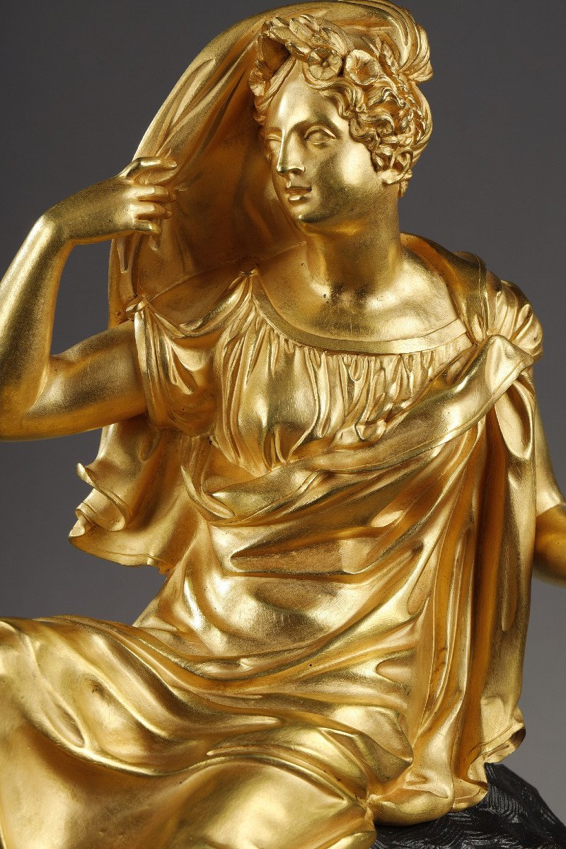 Restoration Period Clock In Gilt Bronze With A Young Woman-photo-1