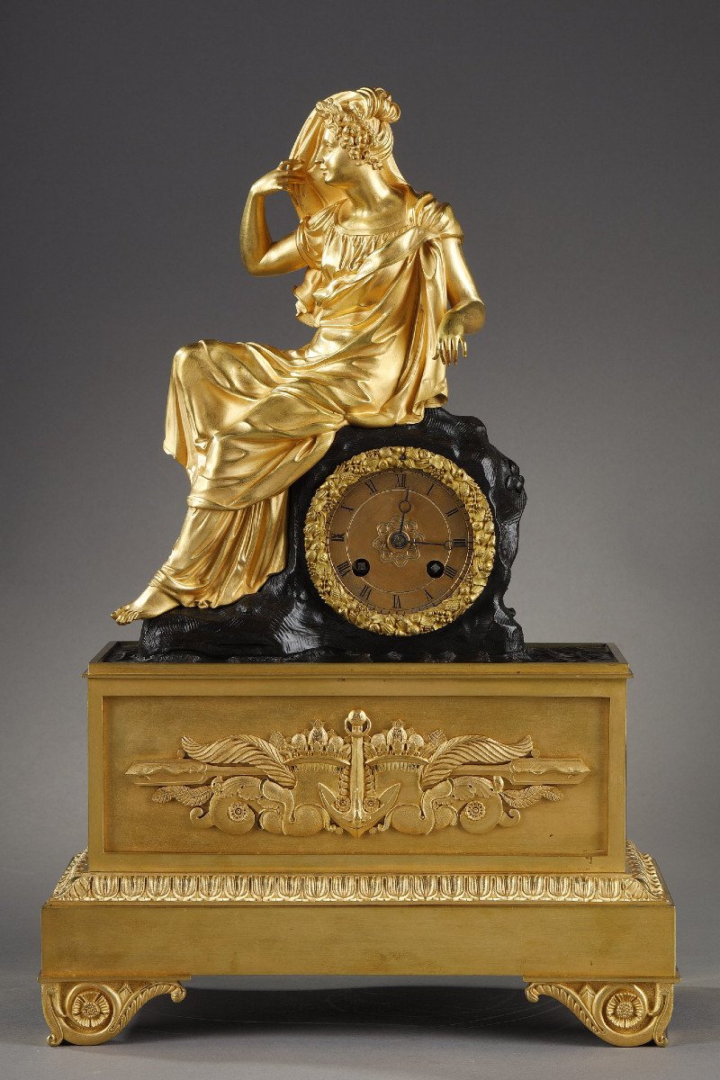 Restoration Period Clock In Gilt Bronze With A Young Woman