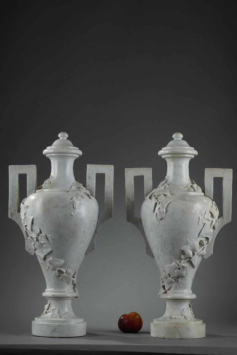 Paire De Vases En Marbre Blanc à Décor De Lierre, 19e Siècle-photo-2