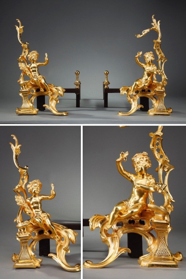 Paire De Chenets En Bronze Doré, De Style Louis XV