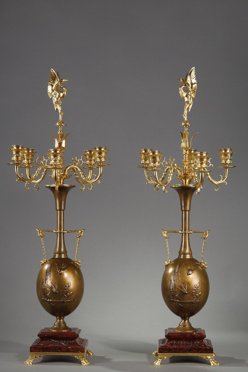 Pair Of Candelabra In Patinated Bronze And Gilt Bronze-photo-3