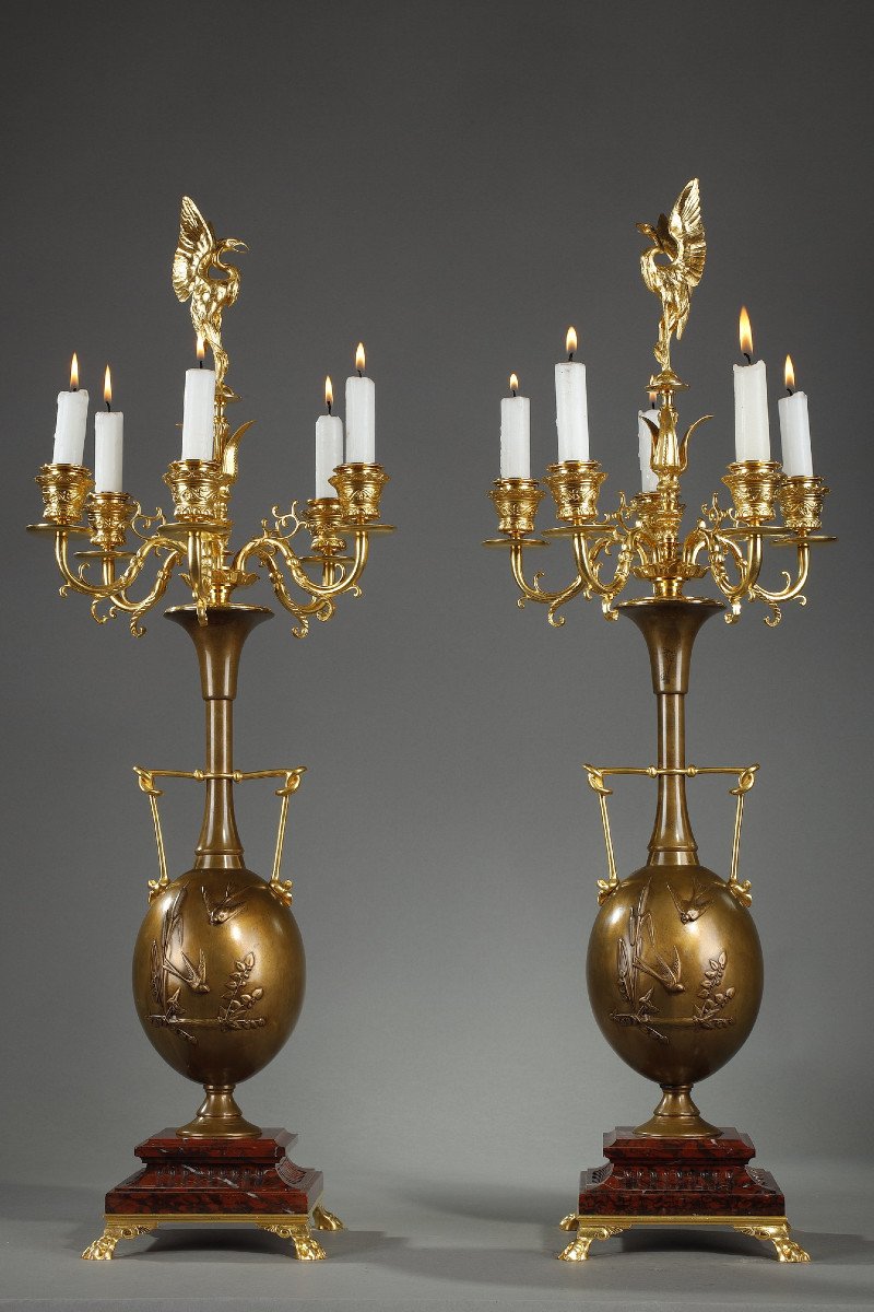 Pair Of Candelabra In Patinated Bronze And Gilt Bronze