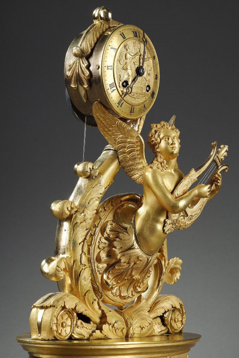 Winged Genius Clock In Gilt Bronze, Charles X Period-photo-4