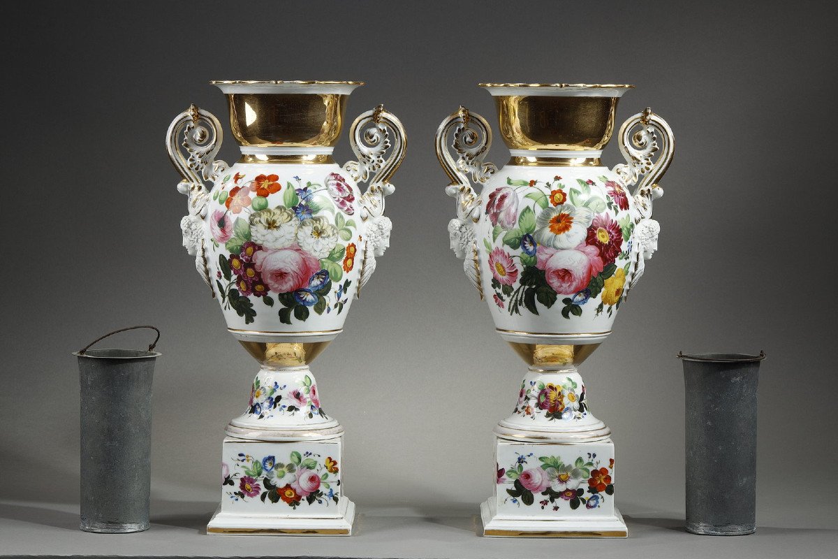 Paire De Vase En Porcelaine De Paris à Décor Floral-photo-3