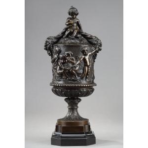Bronze Vase Decorated With Putti Harvesters, In The Taste Of Clodion, 19th Century