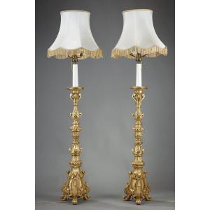 Pair Of Gilded Wood Tripod Torch Holders In The Louis XIV Style 