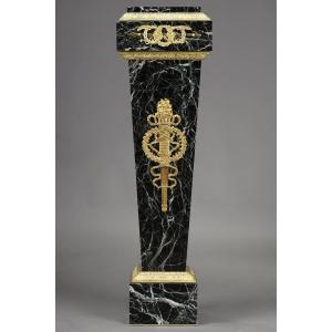 Column In Green Marble Veneer And Gilt Bronze Decor, Empire Style