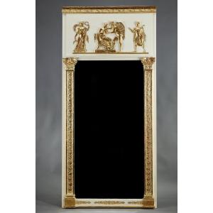 Grand Miroir Trumeau En Bois Et Stuc Doré, d'époque Empire, 19e