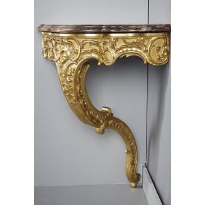 Console d'Angle Rocaille En Bois Sculpté Et Marbre Brèche, XIXe Siècle