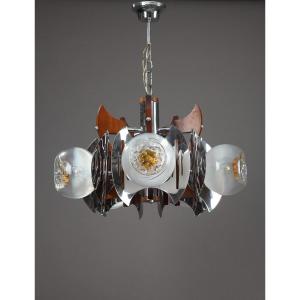 Mazzega Chandelier In Murano Glass, Chrome And Wood, 1970