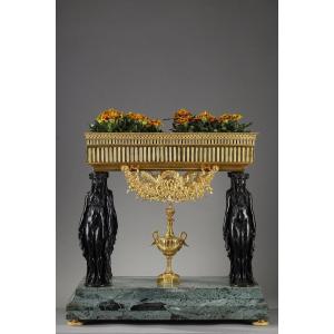 Table Planter With Caryatids In Bronze And Sea Green Marble, Empire Style, 19th Century