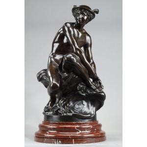 Grand Bronze d'Après Pigalle, "mercure Attachant Ses Talonnières", XIXe Siècle