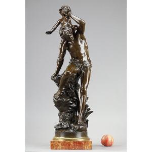 Bronze With Brown Patina Of A Man Carrying A Child On His Back, By Gaston Leroux (1854-1942)