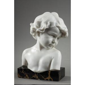 Carrara Marble Sculpture, "pensive Child Bust" By Jean-marie Camus