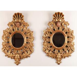 Pair Of Venetian Style Golden Wood Mirrors