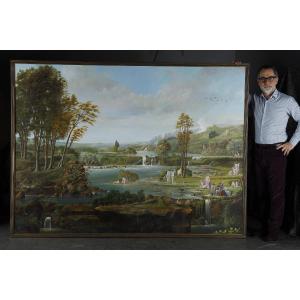 Large Panoramic Canvas With Bathers In The Middle Of A Large Landscape