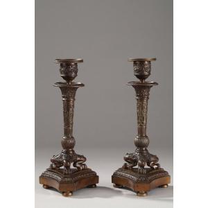 Pair Of Restoration Period Tripod Candlesticks