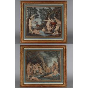 Pair Of Polychrome Engravings From The 18th Century After Francesco Albani