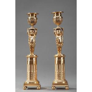 Candlesticks On Stand In Gilt Bronze With Putti Decor, 19th Century Period
