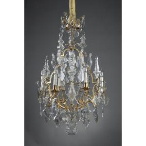 Cage Chandelier With Six Lights, In Gilt Bronze, Decorated With Cut Crystal Tassels And Daggers