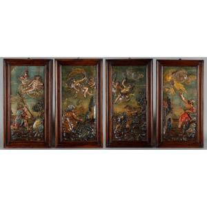 Suite Of Four Linden Panels Carved In Bas-relief And Polychromed 