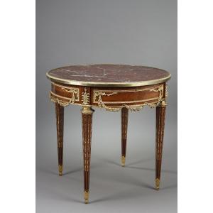 Louis XVI Marquetry & Gilt Bronze Pedestal Table, Marble Top