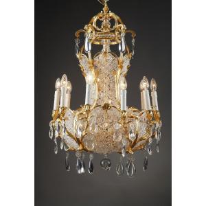 Lustre corbeille en cristal et bronze doré, fin du 19e siècle