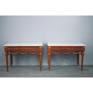 Pair Of Louis XVI-style Side Tables In Walnut And Marble