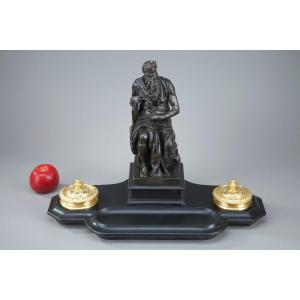 Encrier en marbre et bronze représentant "Moïse" de Michel-Ange