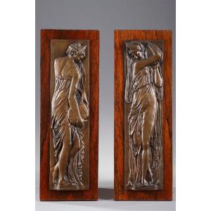 Pair Of Bas-reliefs, "women Carrying Water"
