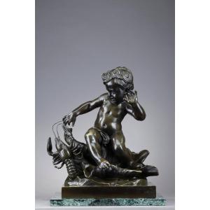 Bronze Sculpture, "child Pinched By A Crayfish," After Jean-baptiste Pigalle
