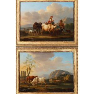 "landscapes With Cows," A Pair Of Oil Paintings On Panel, Signed Dieboldt