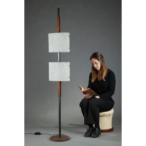 Lampadaire scandinave en acier laqué noir et teck à deux diffuseurs