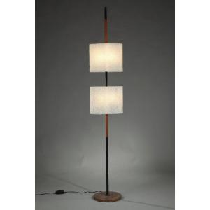 Scandinavian Floor Lamp In Black-lacquered Steel And Teak With Two Shades