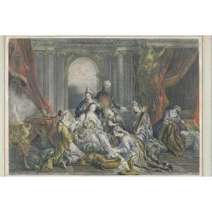 Engraving Enhanced With Watercolor, "esther's Toilet," Late 18th Century