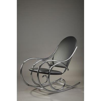 Chrome And Leatherette Rocking Chair In Thonet Style