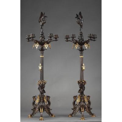 Neo-greek Style Large Candelabra In Gilt And Patinated Bronze